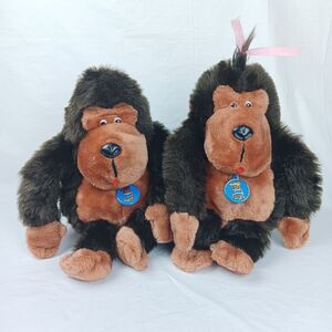 Dakin Brown Attila and Hunee Gorilla Ape Bonded Pair Pink Bow Plush Stuffed 1982